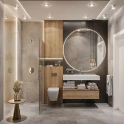 Nowoczesna łazienka z kabiną prysznicową, okrągłym lustrem z podświetleniem LED i drewnianymi akcentami. Minimalistyczny design, szare płytki, designerskie lampy.