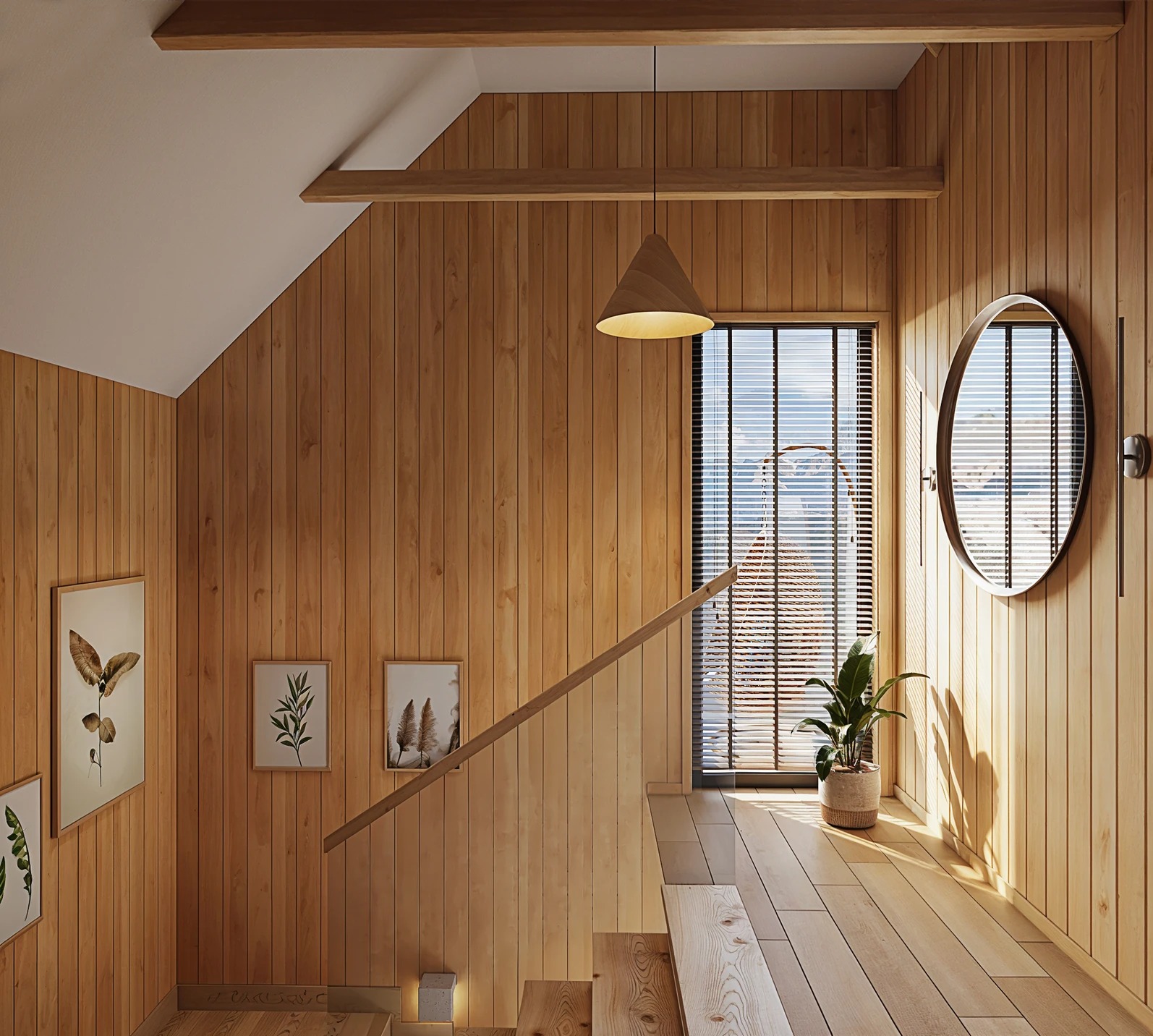 Klatka schodowa z drewnianymi panelami ściennymi, okrągłym lustrem i rośliną w doniczce przy oknie z żaluzjami, oświetlona wiszącą lampą w kształcie stożka.