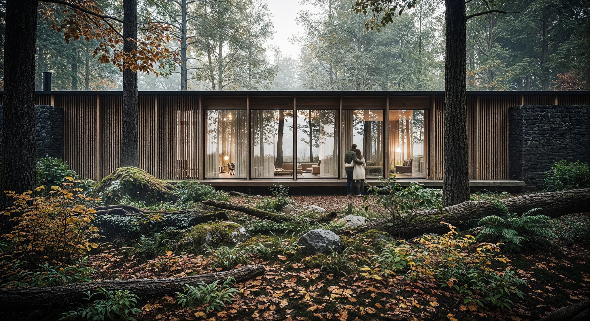 Nowoczesny dom z drewnianą elewacją i dużymi oknami wkomponowany w leśny krajobraz. Para stoi na tarasie, podziwiając widok. Minimalistyczny design, naturalne materiały.