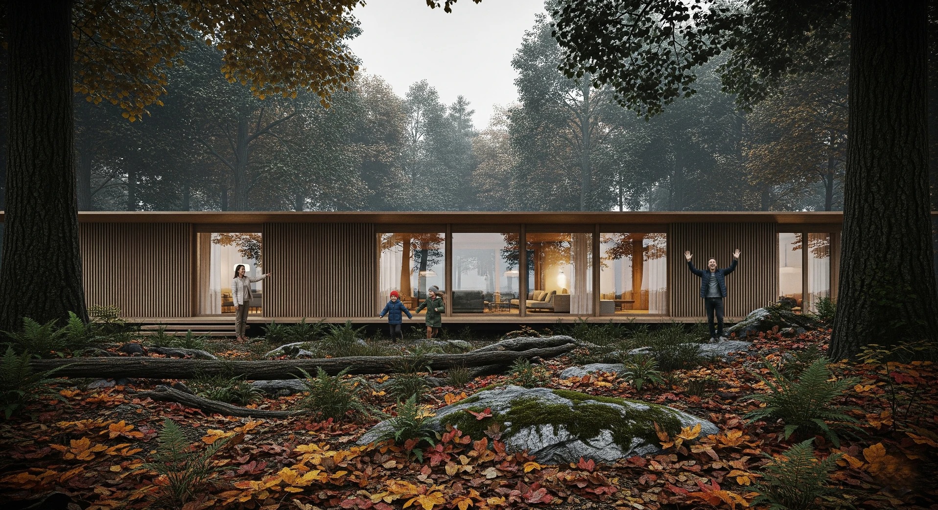 Nowoczesny dom z drewnianą elewacją i dużymi oknami, otoczony jesiennym lasem. Na pierwszym planie liście, mech i osoby na tarasie.