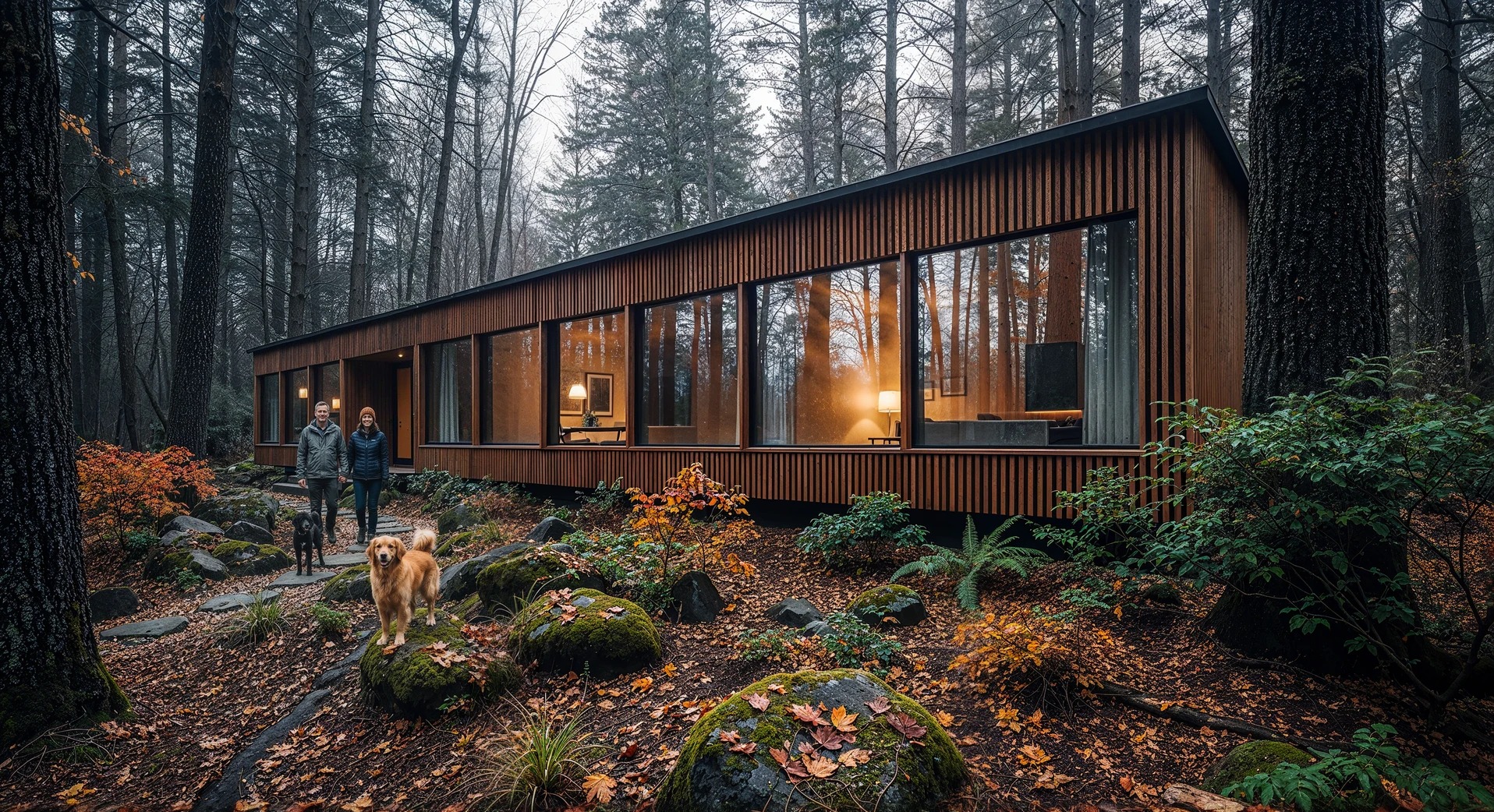 Nowoczesny dom z drewnianą elewacją i dużymi oknami, wtapia się w leśny krajobraz. Na pierwszym planie para z psami spaceruje po ścieżce.