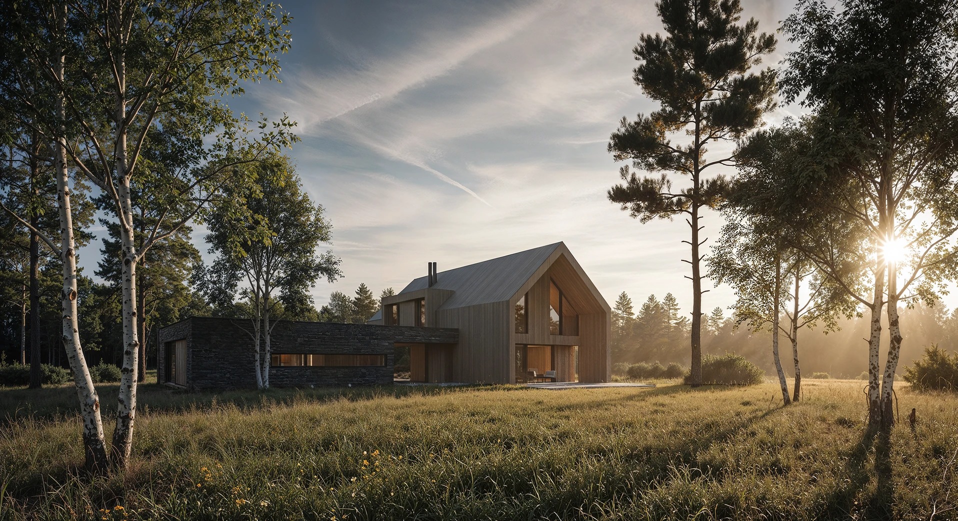 Wizualizacja domu jednorodzinnego z drewnianą elewacją i dużymi przeszkleniami, otoczonego łąką i drzewami w porannym słońcu.