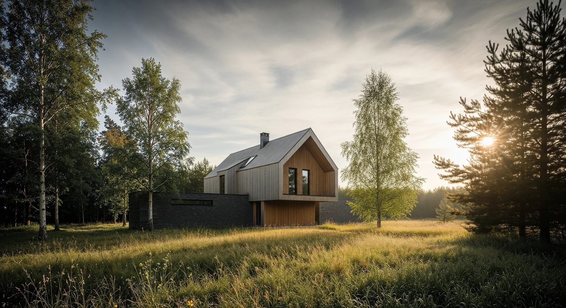 Elegancki, dwukondygnacyjny dom z drewnianą elewacją i czarnym kamiennym cokołem, otoczony łąką i drzewami w promieniach zachodzącego słońca.
