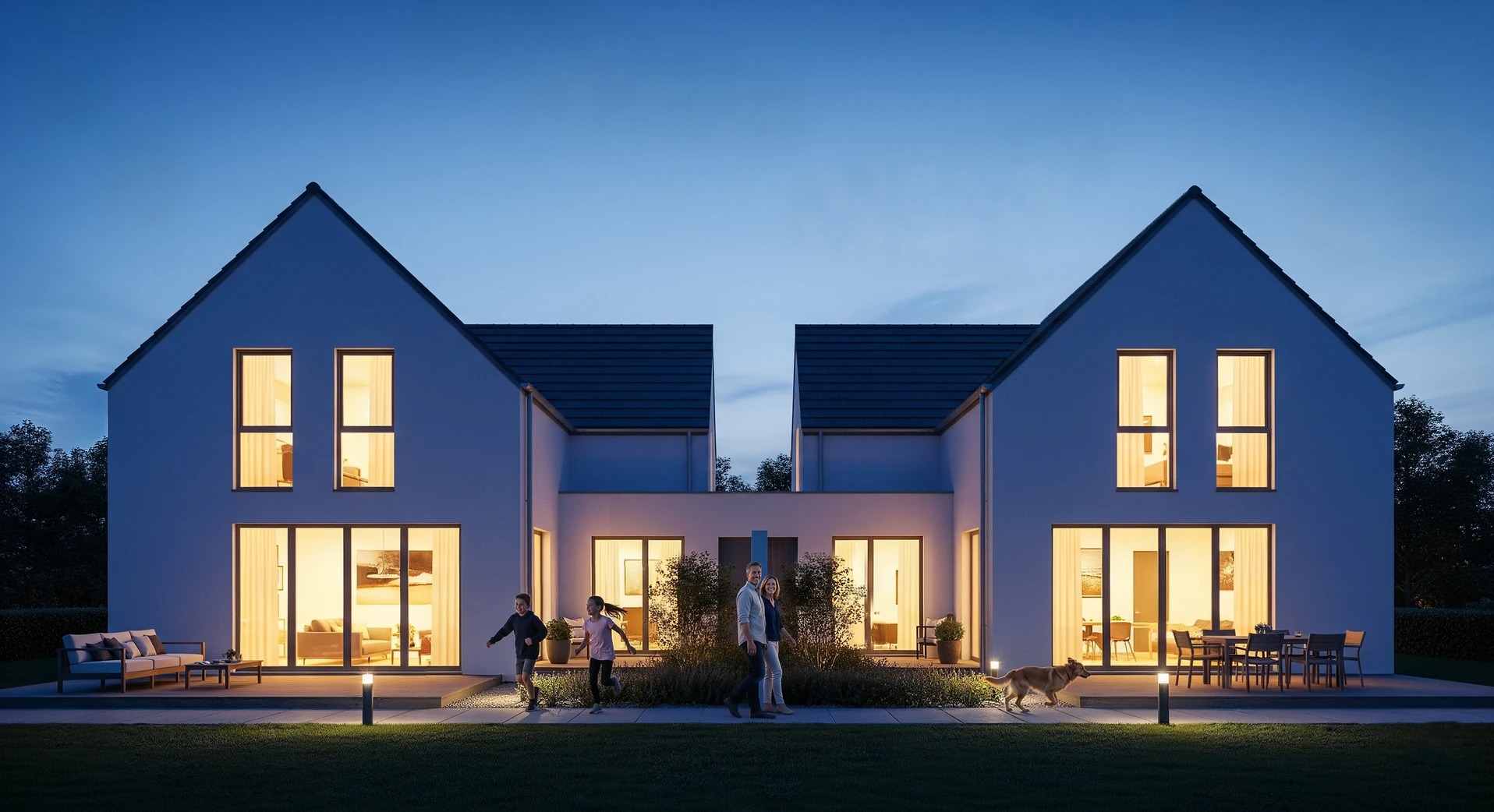 Nowoczesny dom dwurodzinny oświetlony nocą, z rodziną i psem na zewnątrz. Minimalistyczna architektura, duże okna, ciepłe światło wewnątrz.