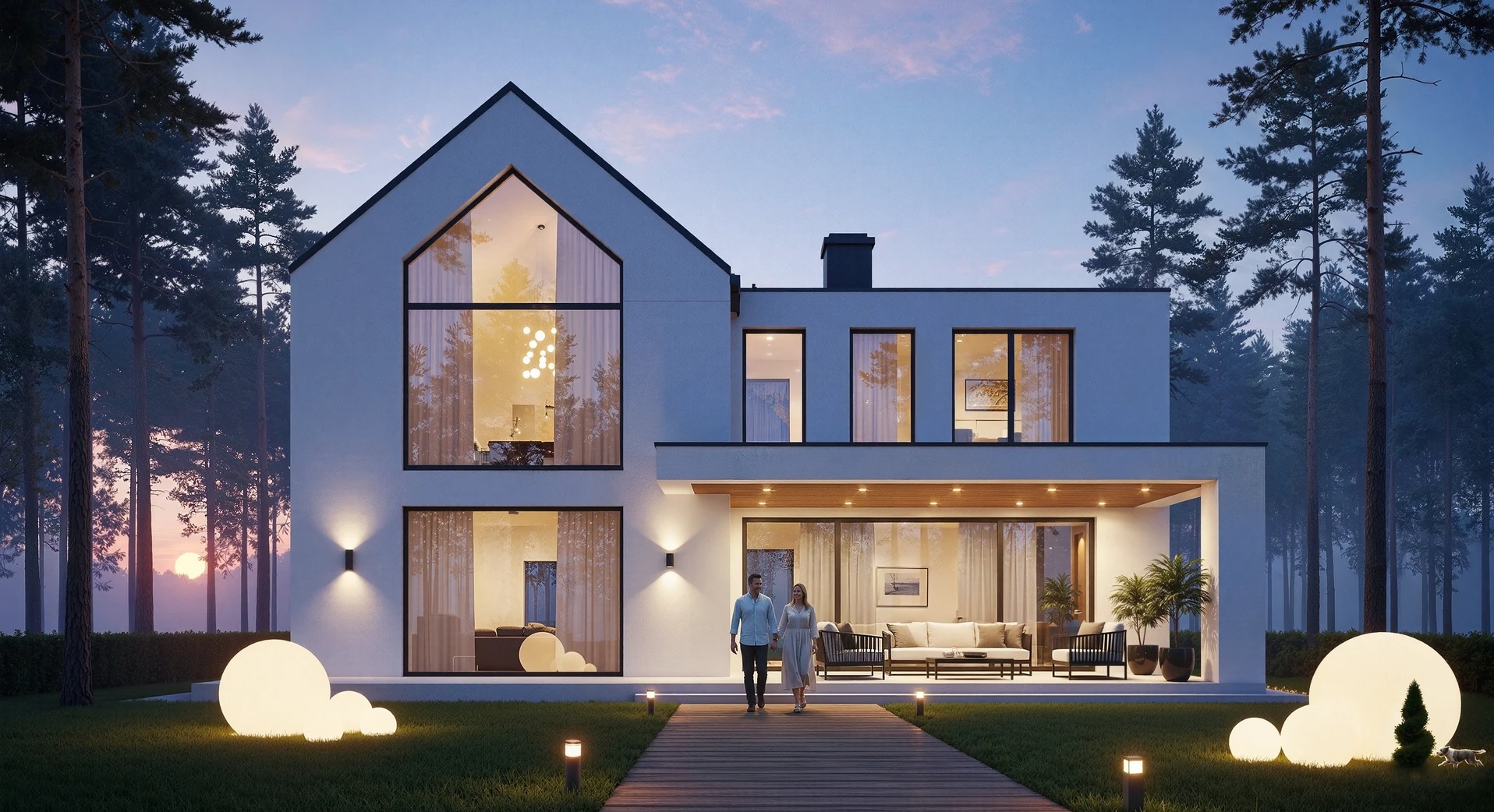 Nowoczesny dom z dużymi oknami i oświetlonym tarasem, otoczony drzewami. Para spaceruje po drewnianej ścieżce. Oświetlenie elewacyjne i dekoracyjne kule świetlne.
