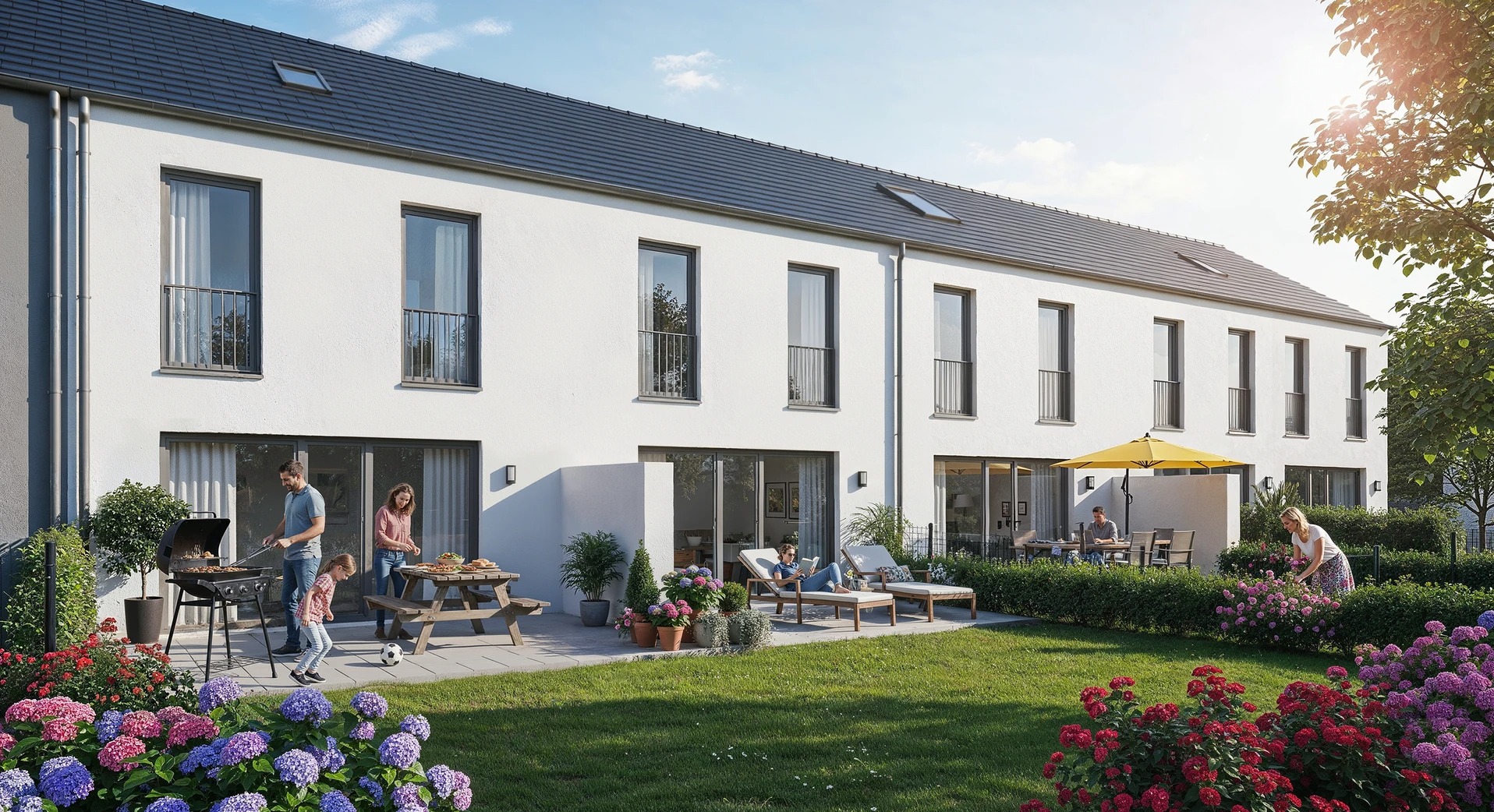 Nowoczesny szeregowiec z ogrodem: grill, meble ogrodowe, kwiaty. Rodzina spędza czas na zewnątrz, podkreślając funkcjonalność i estetykę projektu.