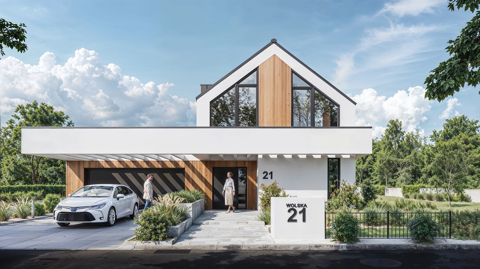 Nowoczesny dom jednorodzinny z numerem 21, drewnianą fasadą, dużymi oknami i samochodem. Dwie osoby wchodzą do domu. Minimalistyczny design budynku.