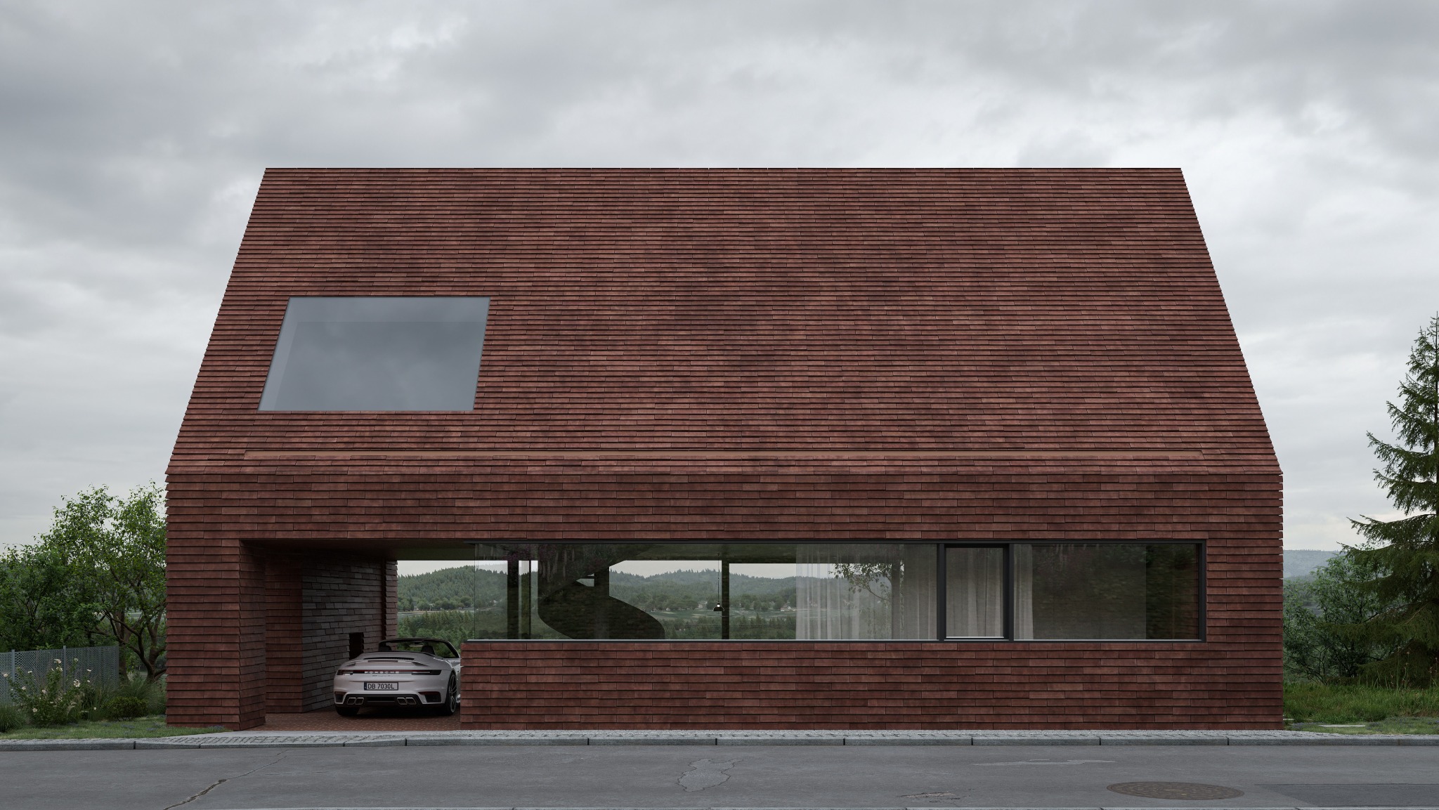 Nowoczesny dom z elewacją z cegły klinkierowej, dużymi oknami i garażem z zaparkowanym sportowym samochodem. Minimalistyczny design i stonowana kolorystyka.