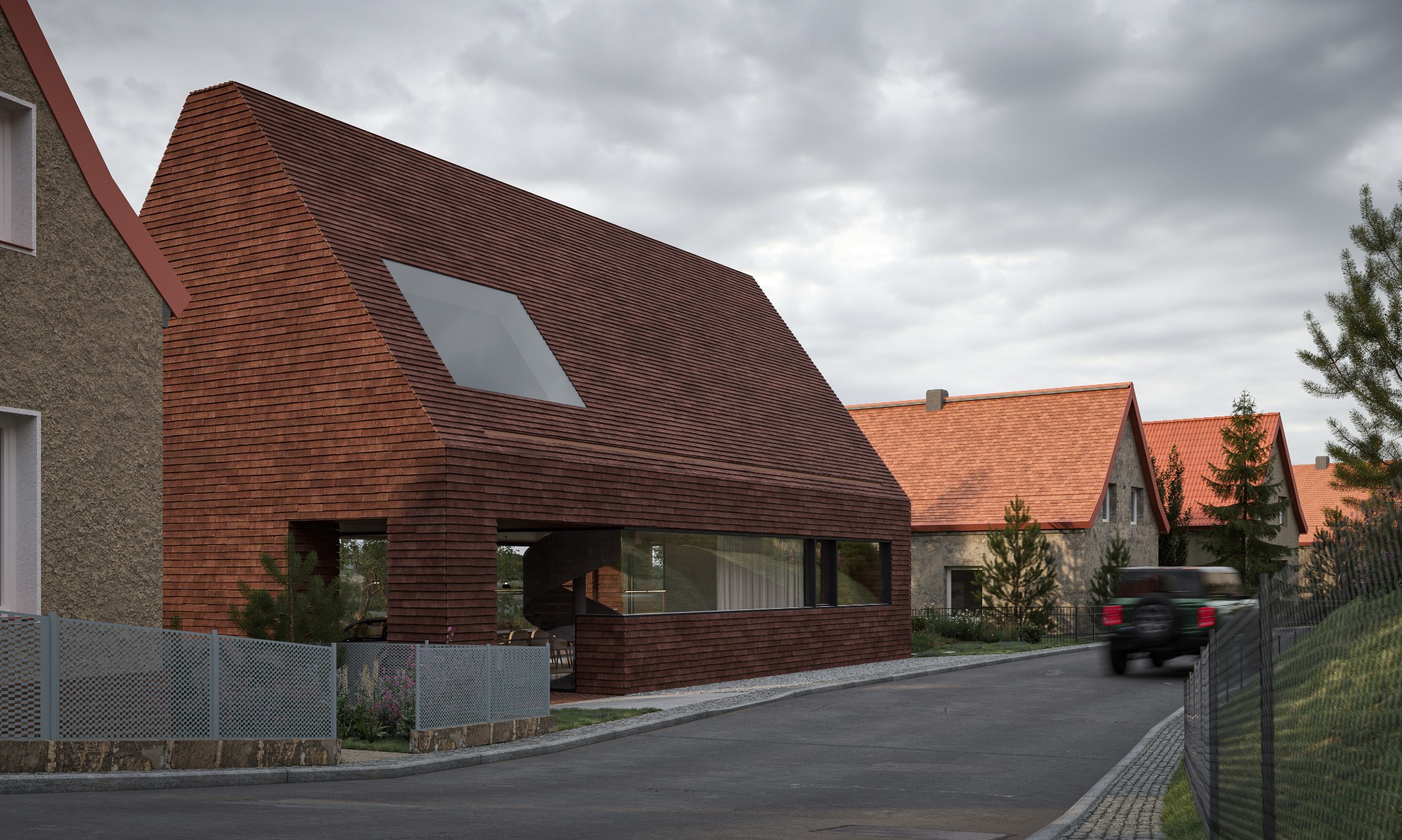 Nowoczesny dom z dachem i elewacją z drewnianych gontów, duże okna, minimalistyczny design, otoczenie domów jednorodzinnych, samochód w tle.