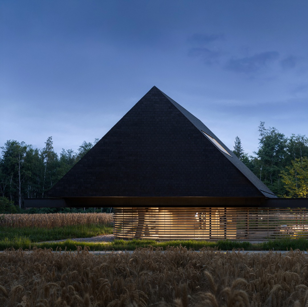 Nowoczesny dom o piramidalnym dachu z ciemnej dachówki, otoczony polem zboża i drzewami, oświetlony ciepłym światłem z wnętrza.