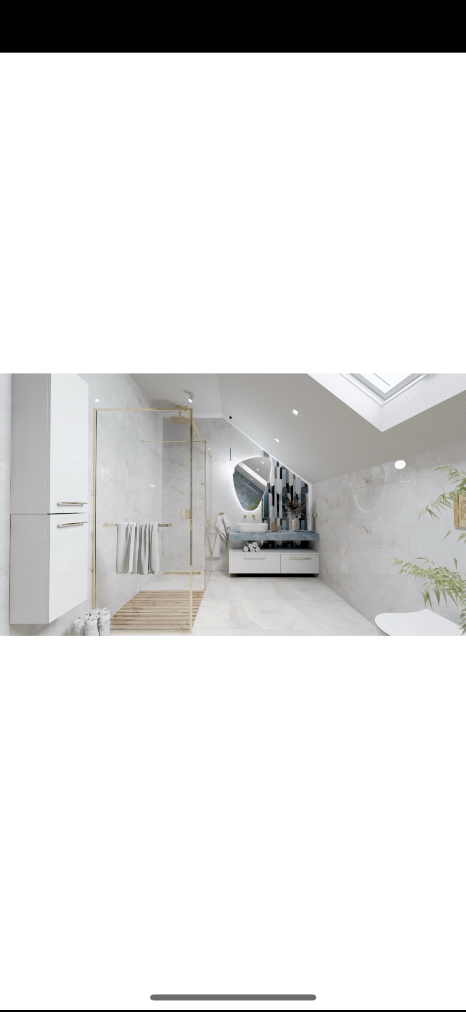 Jasna łazienka na poddaszu z kabiną prysznicową w złotej ramie, białą szafką pod umywalką i owalnym lustrem z podświetleniem. Widoczne białe płytki na ścianach i podłodze.