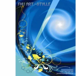 Grafika z niebieskim tłem, wirującym światłem, złotymi ornamentami roślinnymi i danymi kontaktowymi firmy FHU ART.-STYLLE.