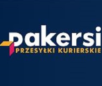 Logo firmy 'pakersi PRZESYŁKI KURIERSKIE' na granatowym tle z elementami w kolorze białym, żółtym i różowym. Układ poziomy, czytelny font.