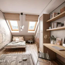 Pokój na poddaszu z oknami dachowymi, biurkiem z komputerem i wzorem na ścianie w stylu szkicu. Widoczny dywan i łóżko. Realistyczna wizualizacja.