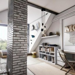ZG Projekt Grzegorz Zapał - Nowoczesny pokój na poddaszu z ceglanym filarem, minimalistycznym biurkiem i łóżkiem przy oknie. Ciepłe światło żarówek edisona dodaje przytulności.