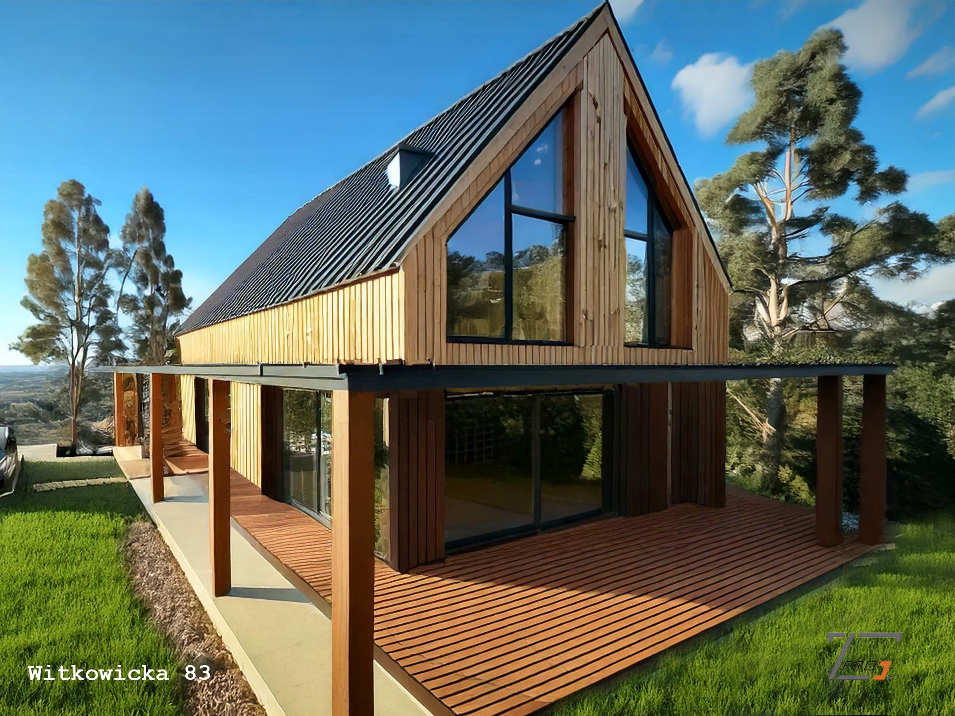 Nowoczesny dom z drewna z dużymi oknami i zadaszonym tarasem, otoczony zielenią. Widoczny fragment elewacji z drewnianą okładziną i metalowym dachem.