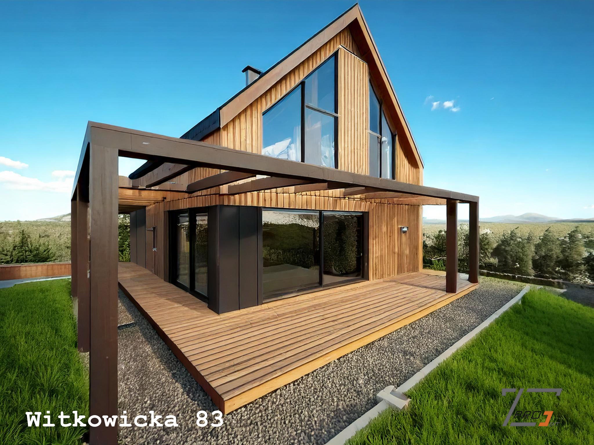 Wizualizacja domu z drewnianą elewacją, dużymi oknami i tarasem. Nowoczesny design z elementami naturalnymi, otoczony zielenią i kamieniami.