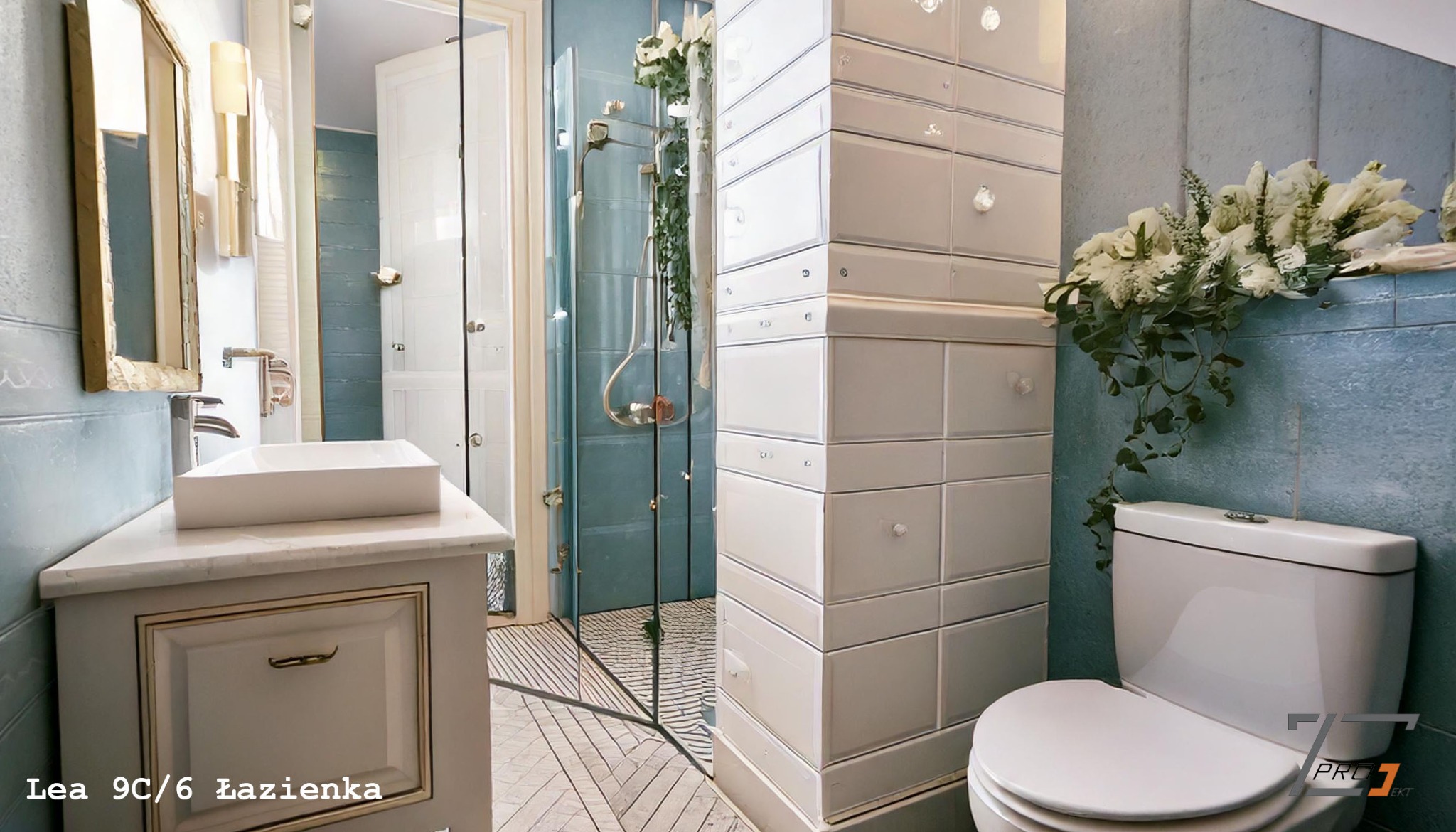 Jasna łazienka w stylu retro z błękitnymi ścianami, białą ceramiką i armaturą. Umywalka nablatowa, lustro w złotej ramie i dekoracja kwiatowa nadają wnętrzu elegancji.