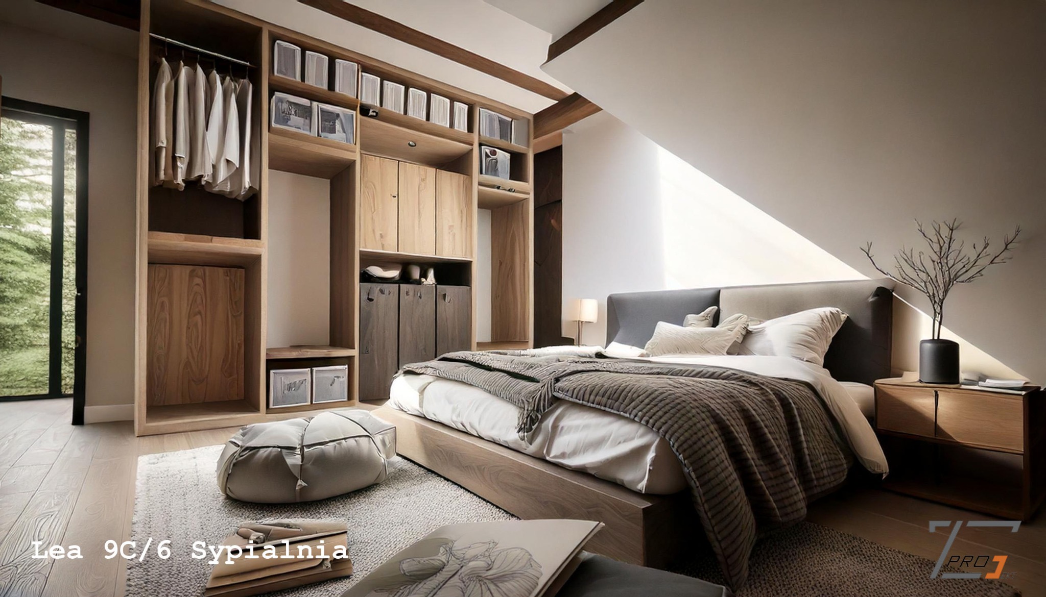 Jasna sypialnia na poddaszu z drewnianą zabudową szaf, łóżkiem z szarym zagłówkiem i dekoracyjnym drzewkiem na szafce nocnej. Widok na okno z zielenią.