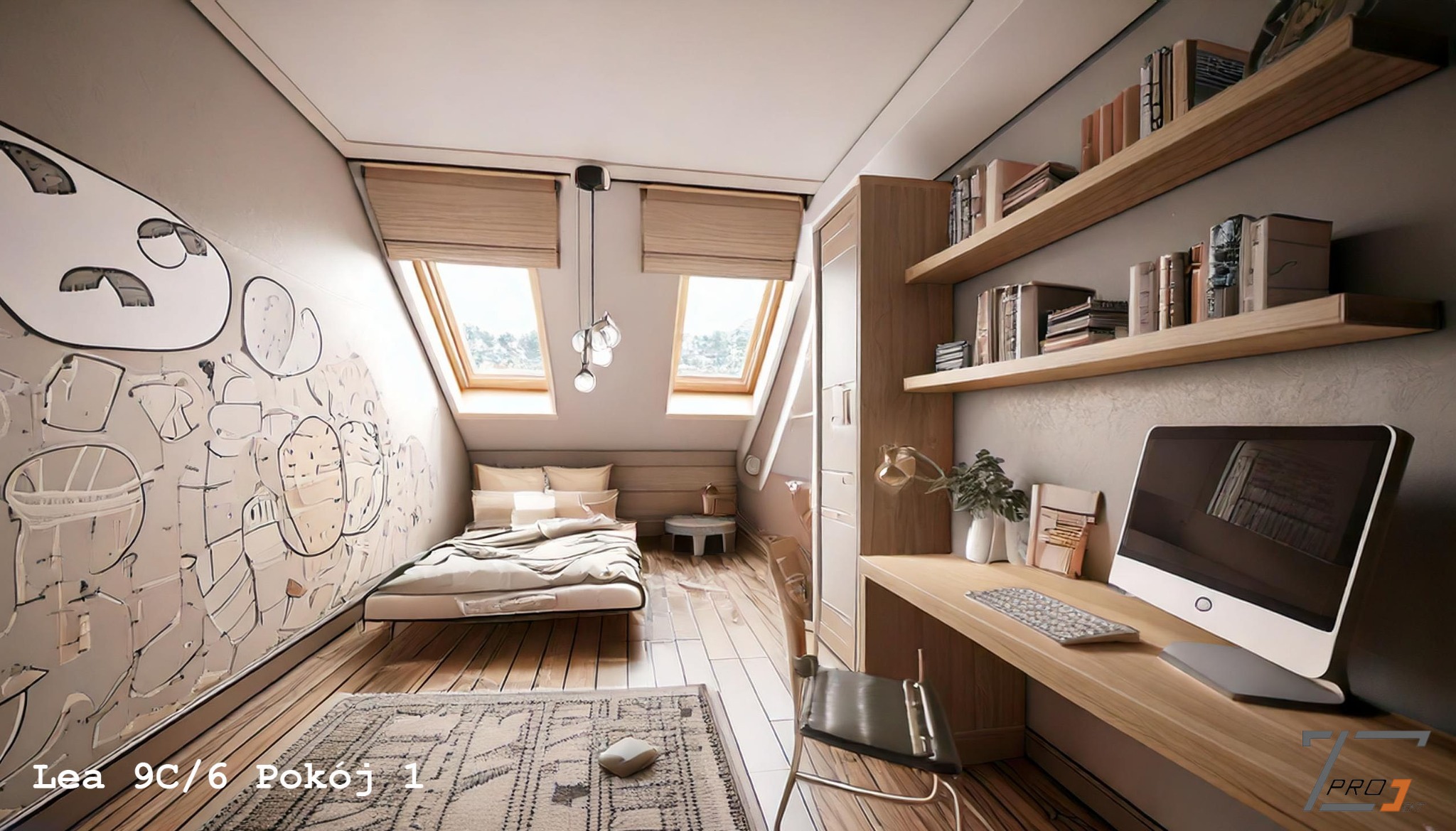 Pokój na poddaszu z oknami dachowymi, biurkiem z komputerem i wzorem na ścianie w stylu szkicu. Widoczny dywan i łóżko. Realistyczna wizualizacja.