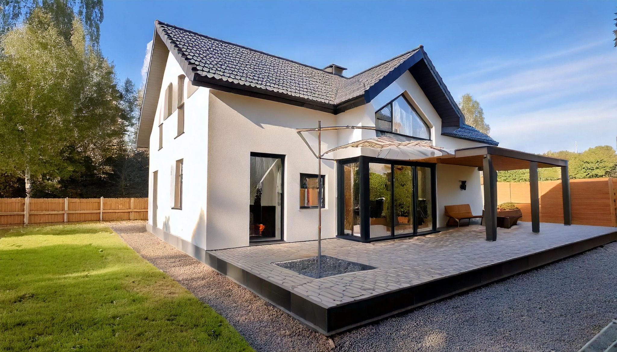 Nowoczesny dom jednorodzinny z białymi ścianami, grafitowym dachem i tarasem z pergolą. Widoczne duże okna i zadbany ogród. Architektura z elementami modernistycznymi.