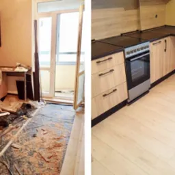 Zdjęcie 'przed i po' remontu kuchni: po lewej demontaż i bałagan, po prawej nowa zabudowa z jasnego drewna, czarnych blatów i srebrnego piekarnika.