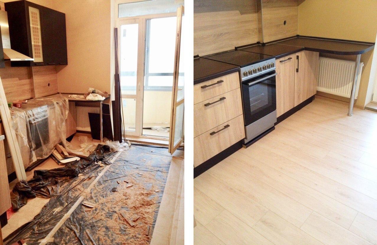 Zdjęcie 'przed i po' remontu kuchni: po lewej demontaż i bałagan, po prawej nowa zabudowa z jasnego drewna, czarnych blatów i srebrnego piekarnika.