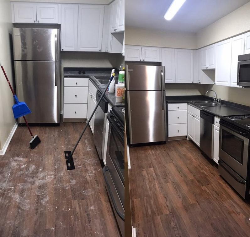 Kuchnia po sprzątaniu: widok przed i po. Po lewej podłoga z resztkami, po prawej czysta, błyszcząca. Białe szafki i srebrna lodówka w obu ujęciach.