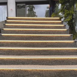 Smart-Eelektryk Rafał - Schody zewnętrzne z oświetleniem LED wzdłuż krawędzi stopni, wykonane z szarego kamienia, z widocznym fragmentem osoby na górze i elementami zieleni po bokach.