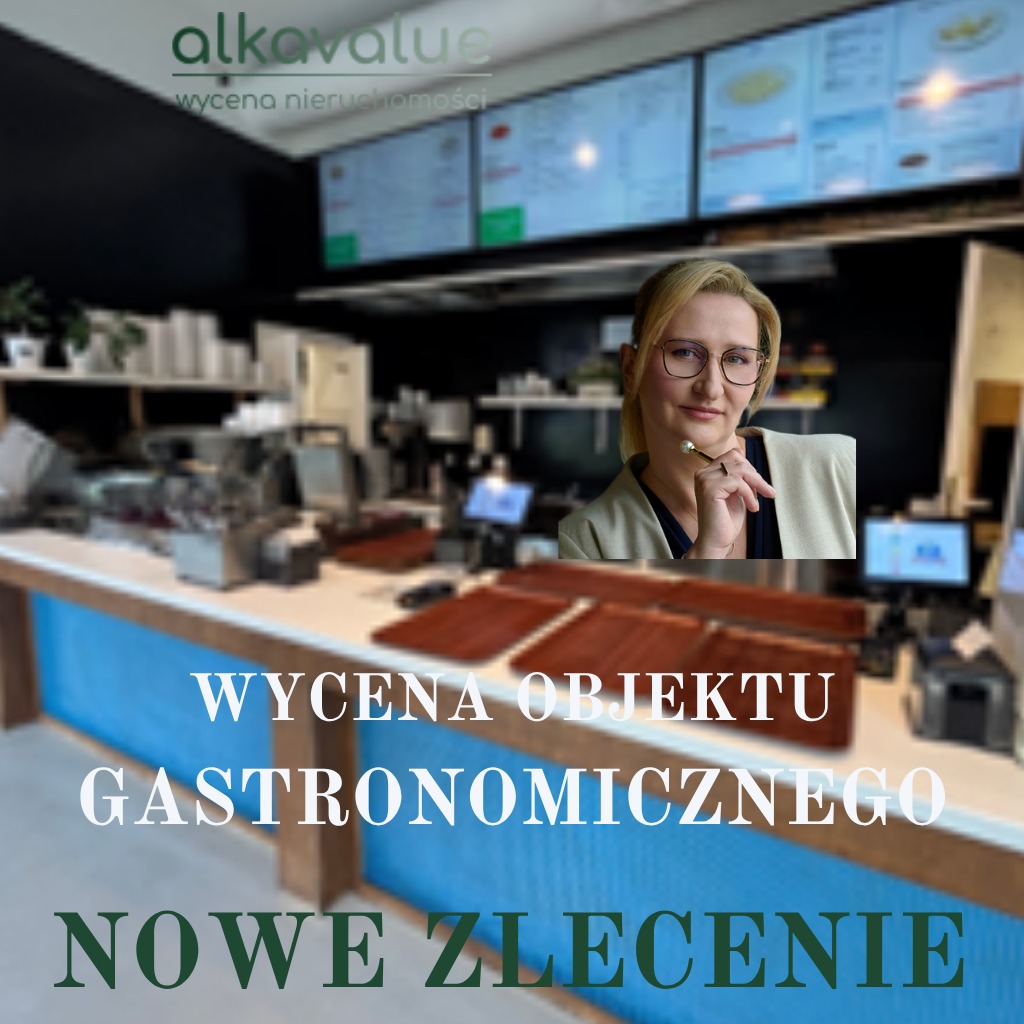 Wycena obiektu gastronomicznego: kobieta z długopisem na tle baru restauracji, logo firmy w lewym górnym rogu. Nowe zlecenie w branży gastronomicznej.