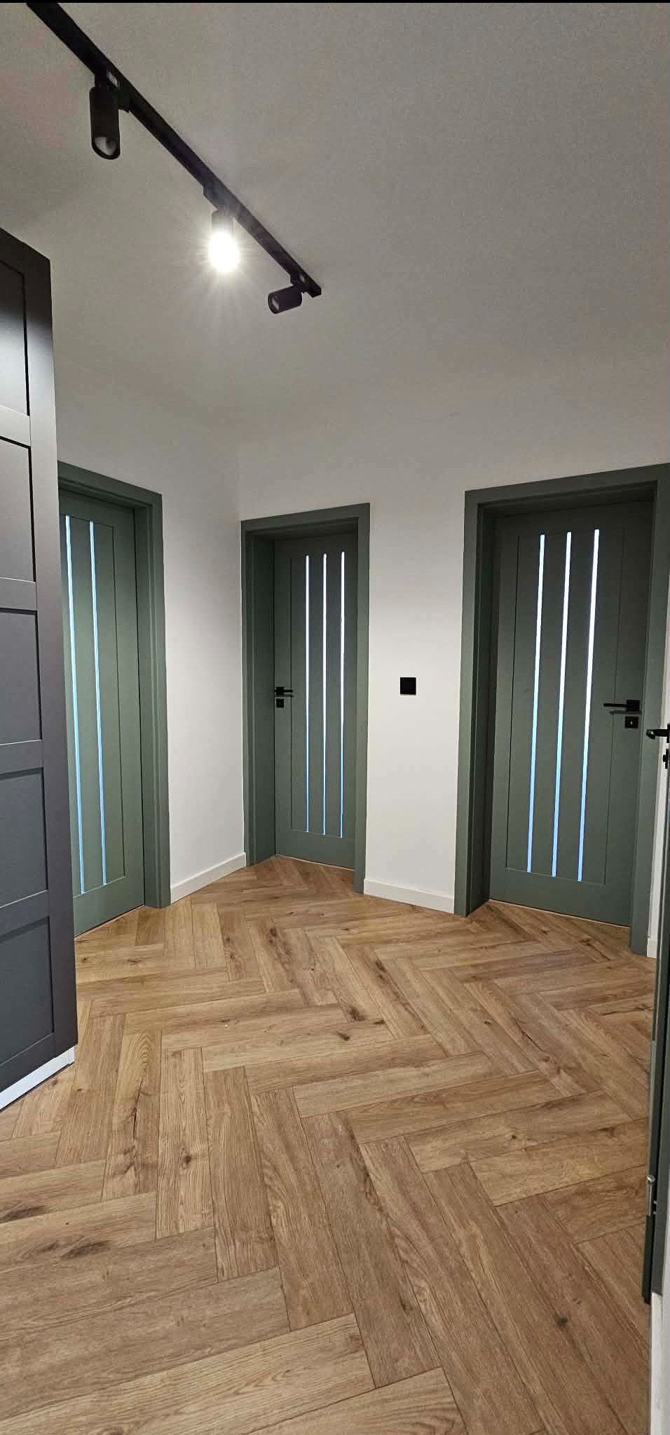 Korytarz z trzema szarymi drzwiami z przeszkleniami, ułożona podłoga w jodełkę, oświetlenie szynowe. Nowoczesne wykończenie wnętrza.