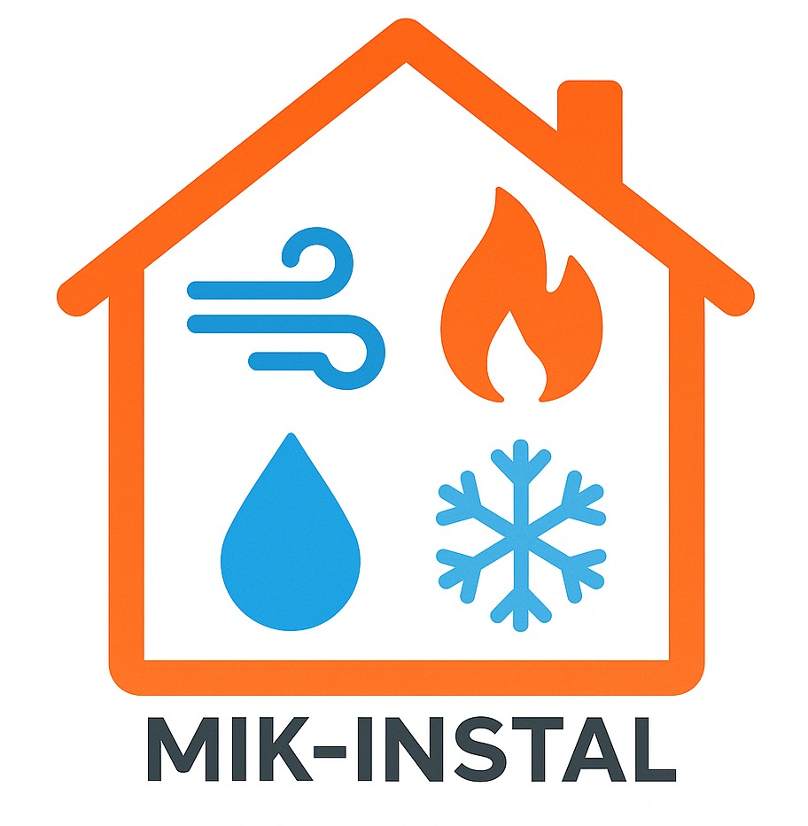 Pomarańczowy kontur domu z ikonami: wiatr, ogień, kropla wody i śnieżynka. Pod spodem napis MIK-INSTAL. Logo firmy instalacyjnej.