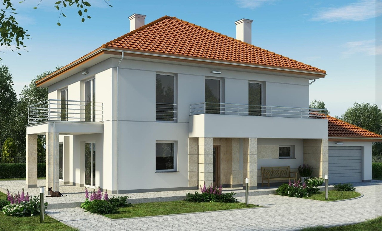 Dwupiętrowy dom z balkonem i garażem, wykończony w jasnej kolorystyce, z elementami z kamienia. Czerwona dachówka, zadbany ogród z kwiatami i kostką brukową.