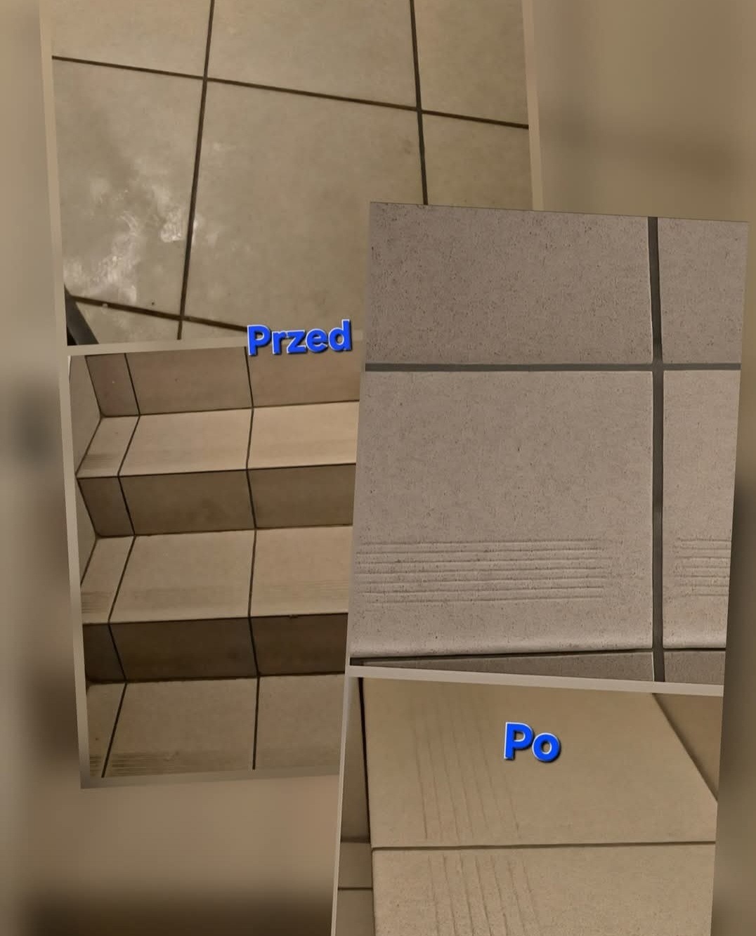 Kafelki podłogowe i schody w ujęciu 'przed' - zabrudzone, i 'po' - czyste, z widocznymi smugami po czyszczeniu. Prezentacja efektu czyszczenia.