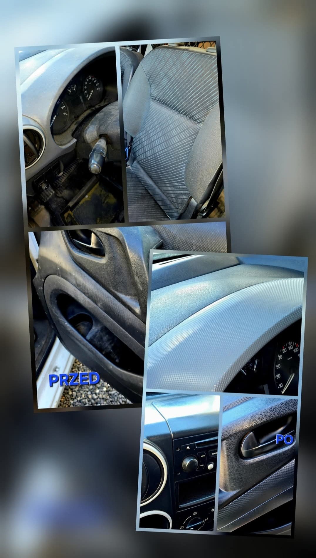 Kolaż zdjęć wnętrza samochodu przed i po czyszczeniu: deska rozdzielcza, siedzenie, panel drzwi. Widoczne różnice w czystości i połysku elementów.