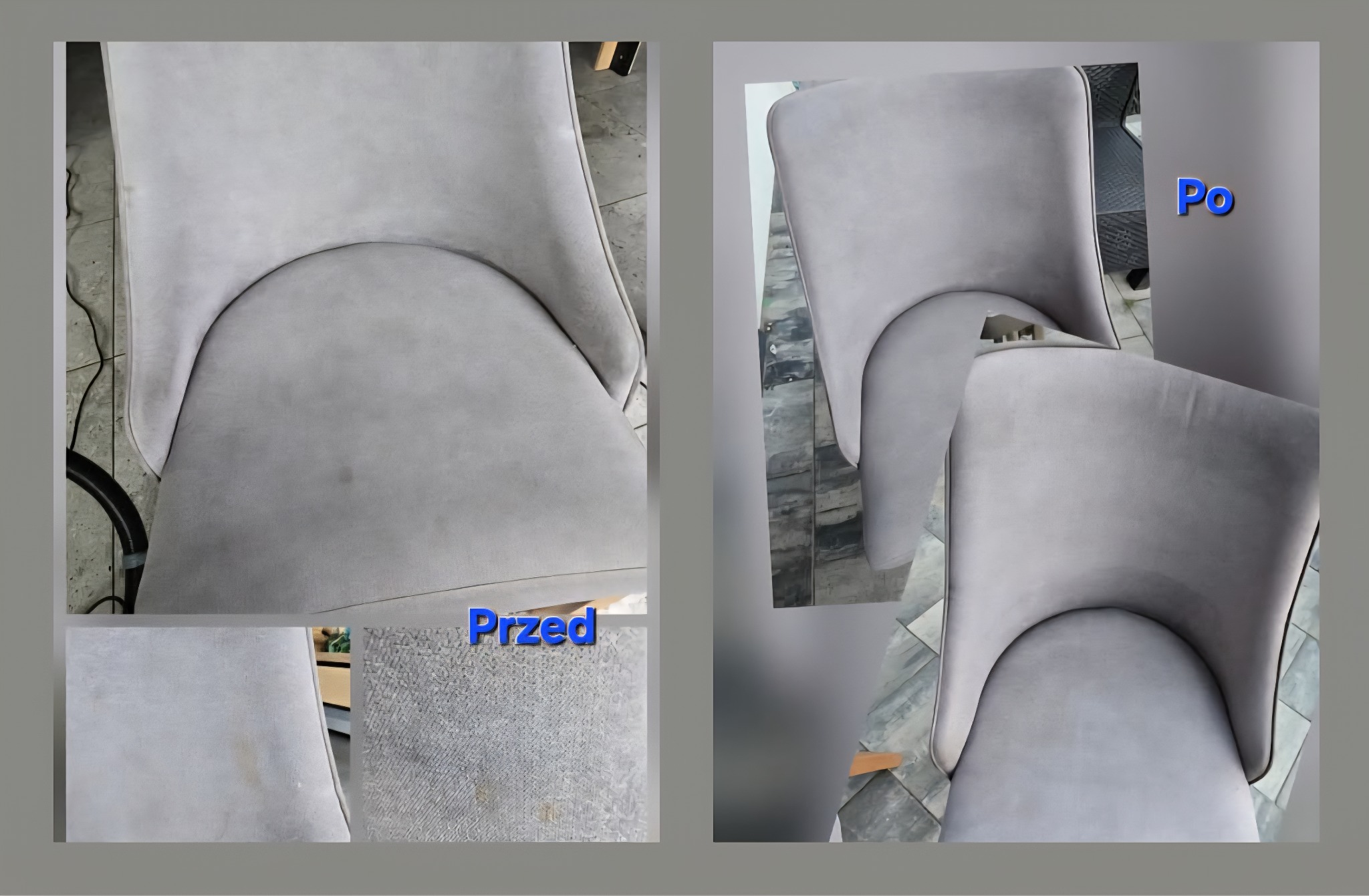 Krzesło tapicerowane przed i po czyszczeniu. Po lewej widoczne zabrudzenia, po prawej czyste, szare krzesło. Porównanie efektu prania tapicerki.