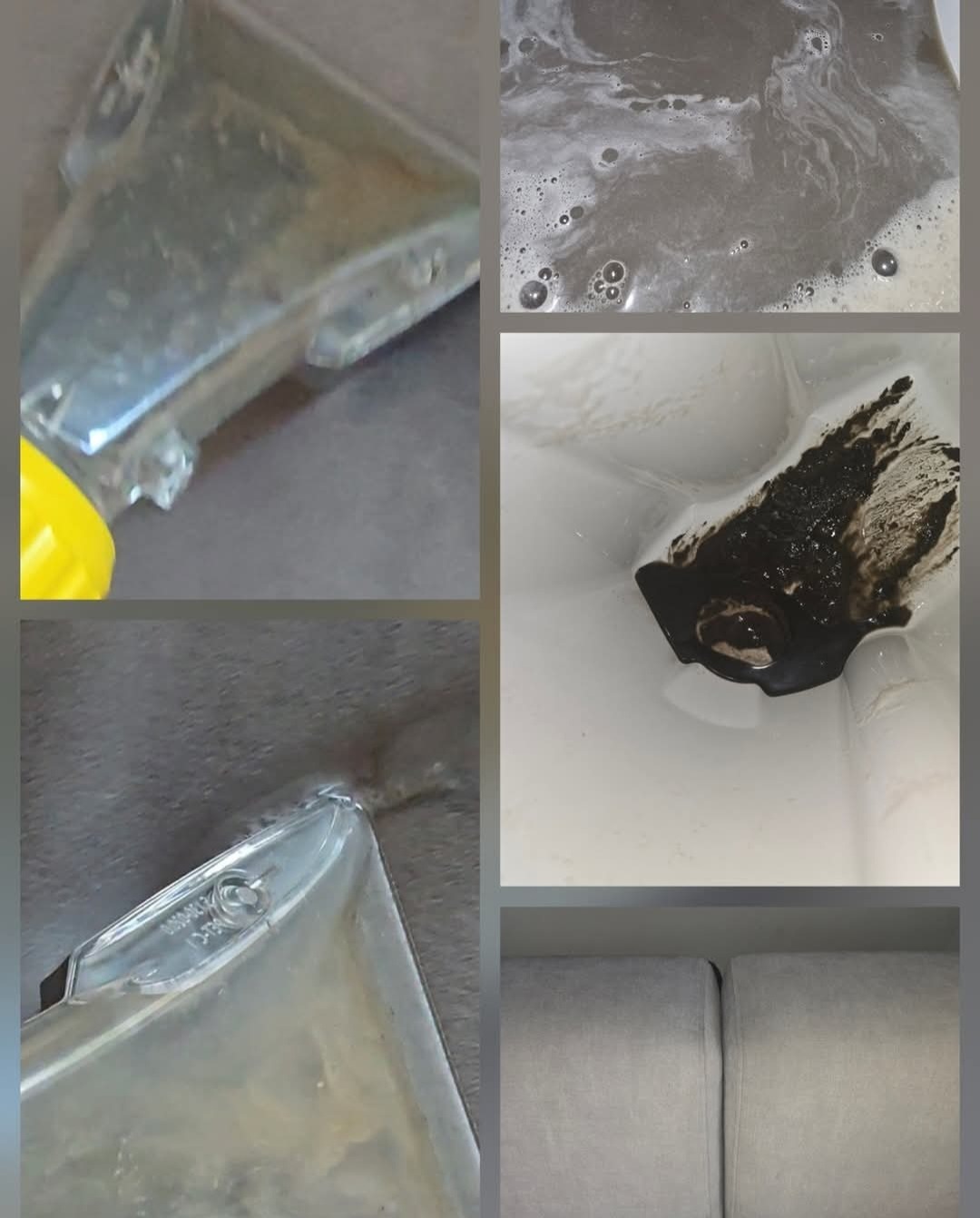 Kolaż: dysza odkurzacza piorącego na kanapie, brudna woda po praniu tapicerki i fragment czystej kanapy. Widoczny efekt czyszczenia.