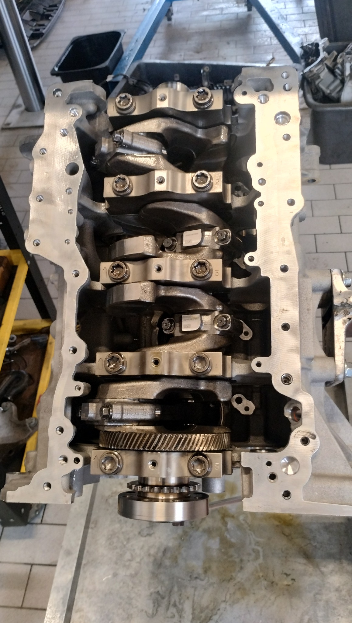 Otwarty blok silnika samochodowego z widocznym wałem korbowym, panewkami i zębatkami. Widoczne numery na panewkach. Szczegółowe ujęcie mechaniki silnika.