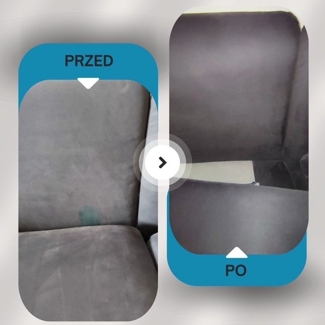 Kanapa przed i po czyszczeniu tapicerki. Po lewej widoczna plama, po prawej czysta tapicerka. Grafika w odcieniach szarości z niebieskimi elementami.
