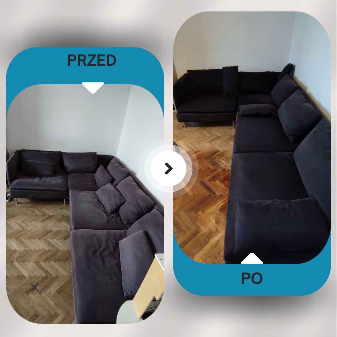 Zdjęcie 'przed i po' narożnika w odcieniach szarości. Po prawej narożnik wygląda na odświeżony, z wyraźniejszym kolorem i czystszą tapicerką. Widoczna parkietowa podłoga.