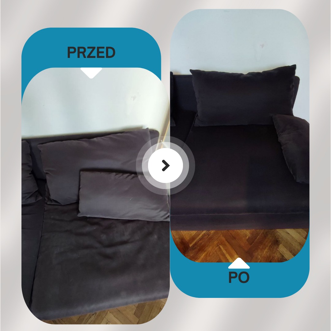 Zdjęcie 'przed i po' prania ciemnej kanapy z poduszkami. Widoczne różnice w czystości tapicerki i odświeżony wygląd mebla. Parkiet w tle.