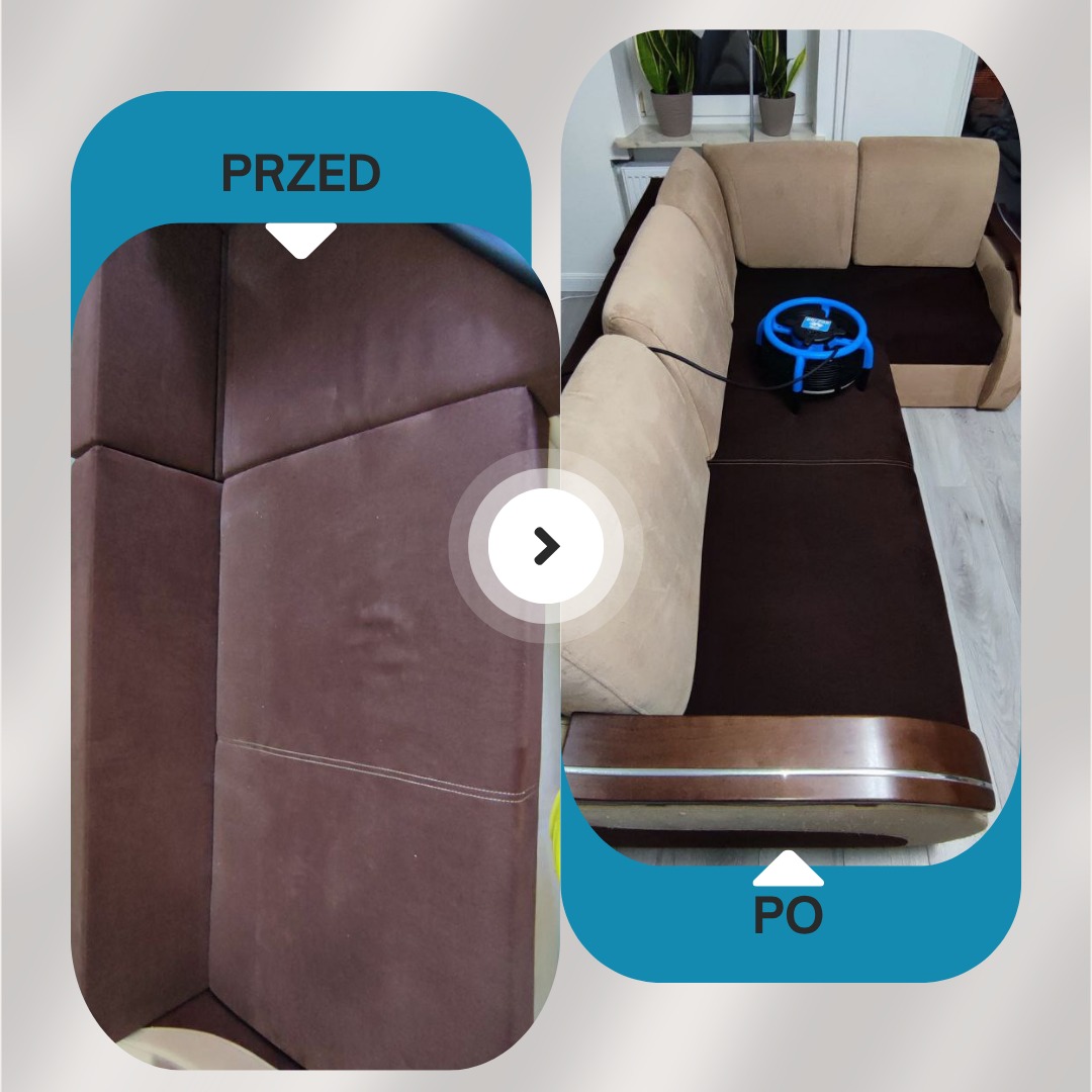 Sofa narożna 'przed' z plamami i 'po' czyszczeniu, z widocznym sprzętem do prania tapicerki. Efekt usługi prania kanap, prezentacja różnicy w czystości.