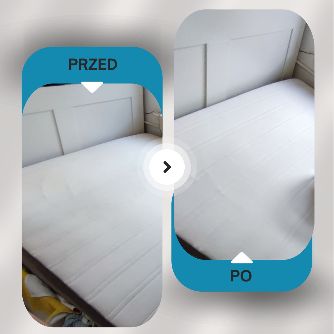 Materac łóżka: po lewej stronie widoczna plama (PRZED), po prawej czysty materac (PO). Grafika prezentuje efekt czyszczenia materaca.