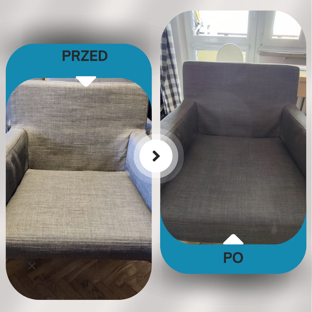 Szary fotel przed i po czyszczeniu, widoczne różnice w odcieniu i plamach. Grafika prezentuje efekt prania tapicerki, z wyraźnym kontrastem stanu przed i po zabiegu.