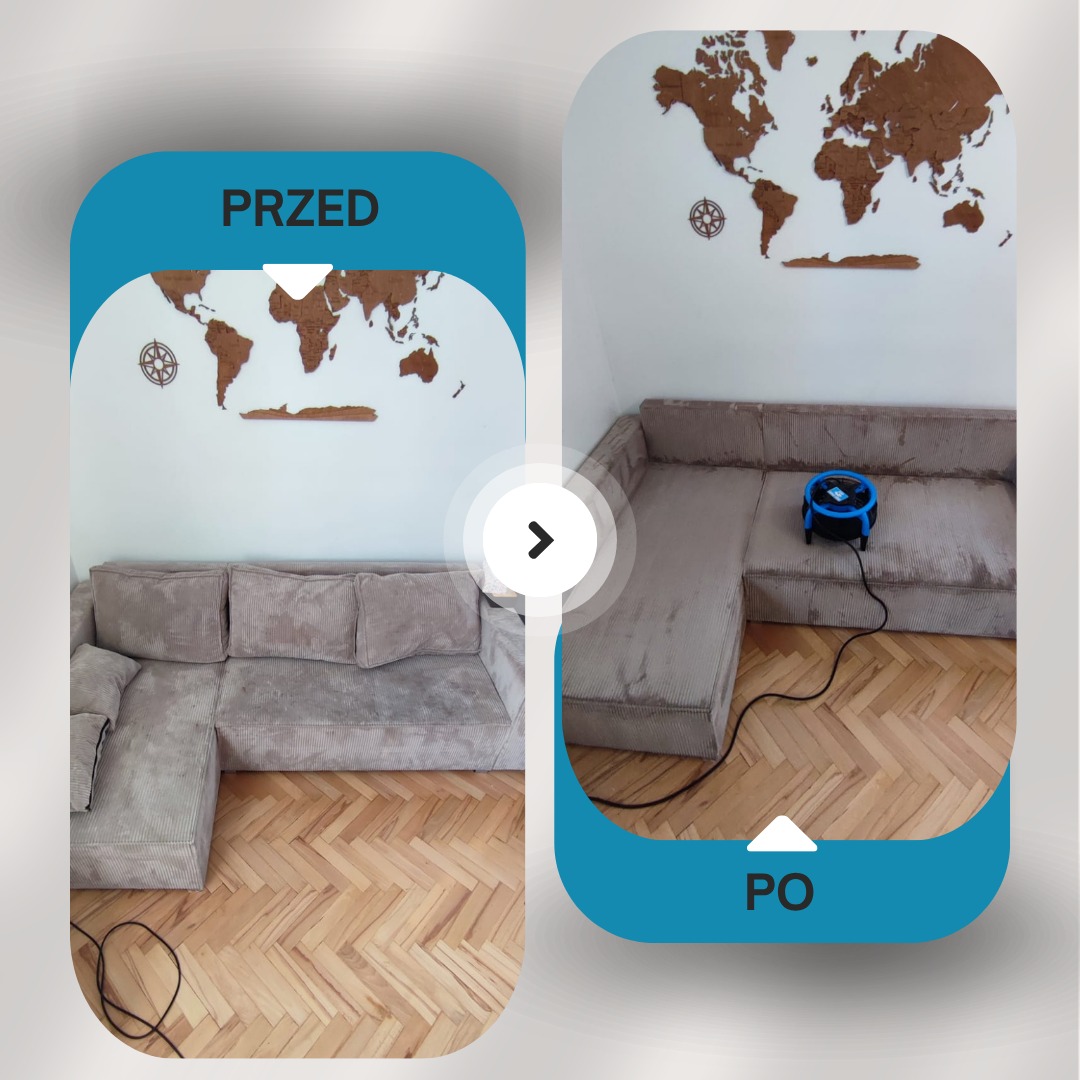 Kanapa narożna przed i po praniu ekstrakcyjnym. Widoczna mapa świata na ścianie i parkiet w jodełkę. Po prawej stronie stoi niebieski odkurzacz piorący.