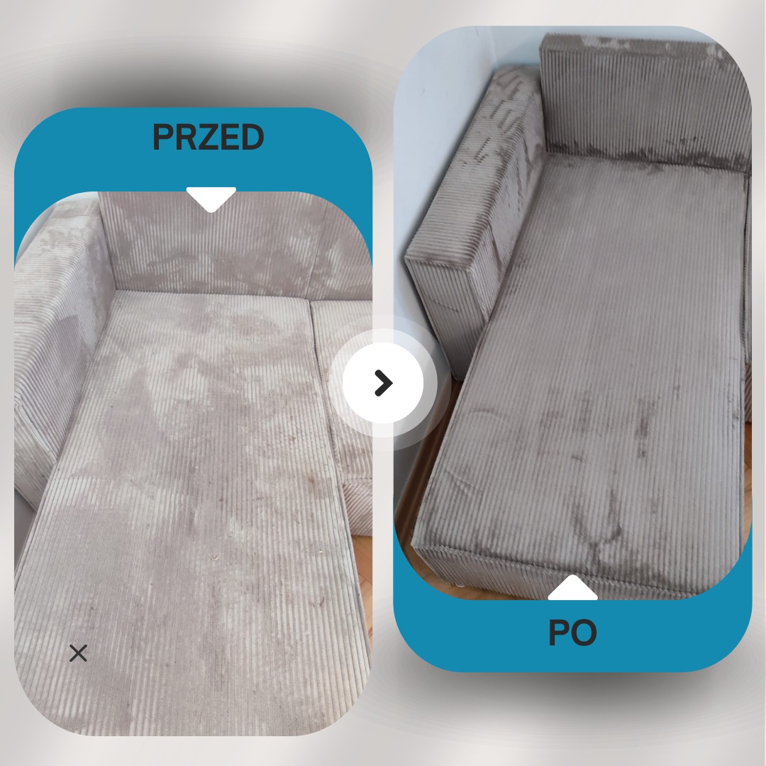 Zdjęcie 'przed i po' prania narożnika z beżowej tkaniny prążkowanej. Widoczne wyraźne różnice w czystości tapicerki. Grafika z napisem 'PRZED' i 'PO'.