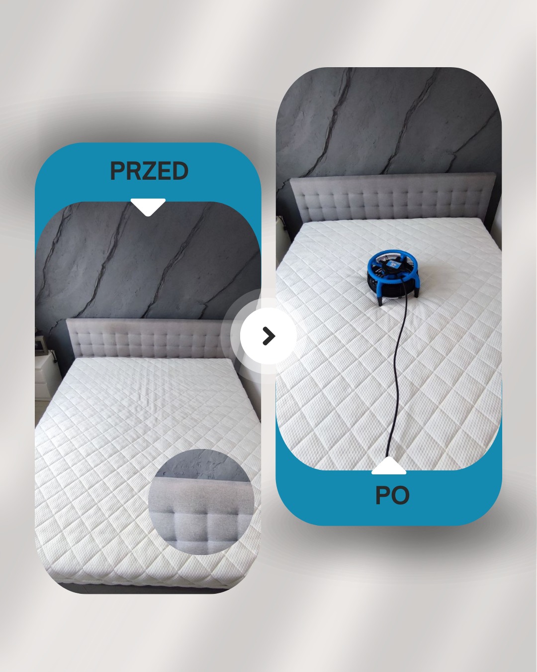 Materac łóżka przed i po czyszczeniu, z użyciem specjalistycznego sprzętu. Widoczne efekty odświeżenia i usunięcia zabrudzeń. Ujęcie w estetycznej formie graficznej.