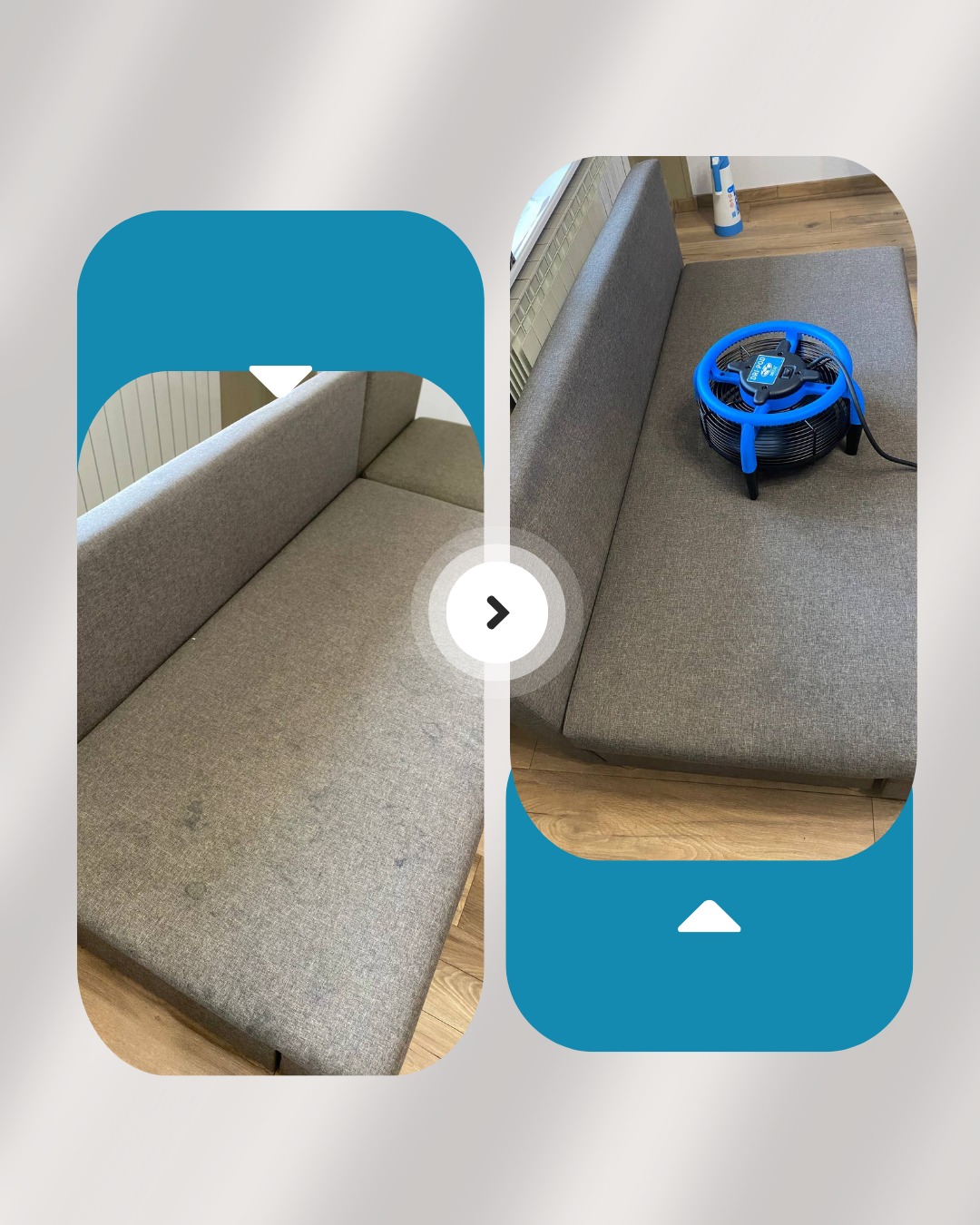 Kanapa przed i po czyszczeniu. Po prawej stronie widoczny wentylator osuszający tapicerkę. Szara tapicerka z widocznymi plamami po lewej stronie.