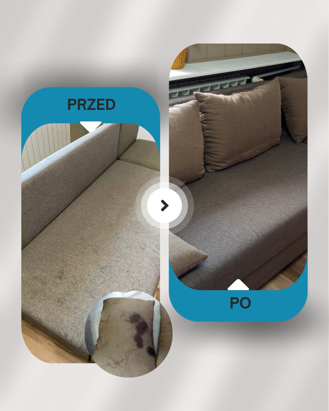 Kanapa narożna: widok 'przed' z plamami i 'po' czyszczeniu, z wyraźną różnicą w czystości tapicerki i poduszek. Grafika prezentuje efekt prania.