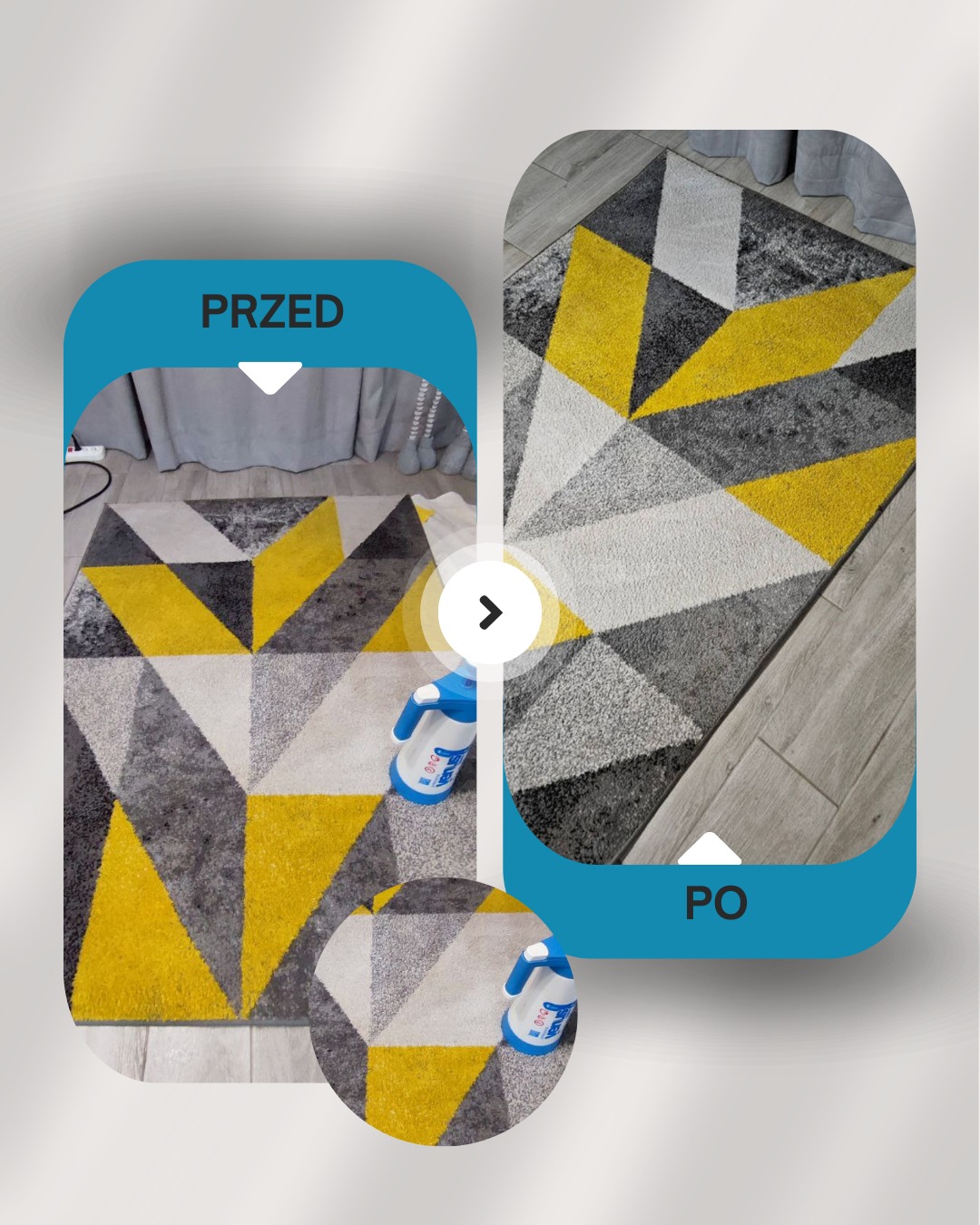 Grafika 'przed i po' prezentująca czyszczenie dywanu w geometryczne wzory, z użyciem niebieskiego spryskiwacza. Widoczna różnica w kolorze i czystości włókien.